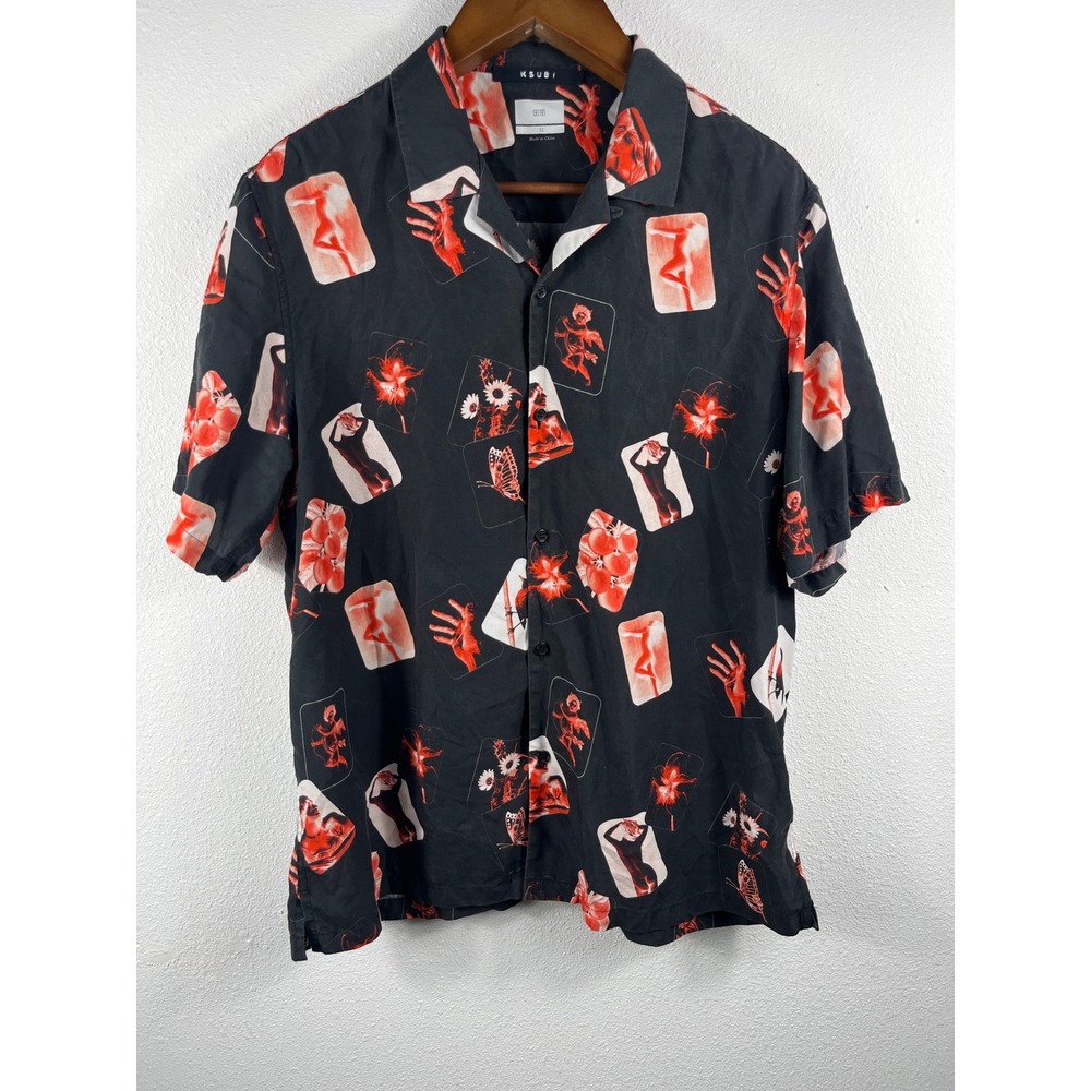 Ksubi Mens XL Black Red Graphic Print Tencel Short Sleeve Button Down Shirt
